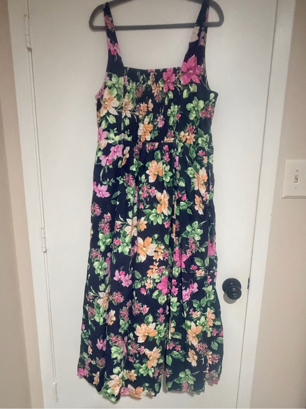 Old Navy Fit and Flare Linen Blend Sundress Navy w/ Pink, Green & Yellow Flowers